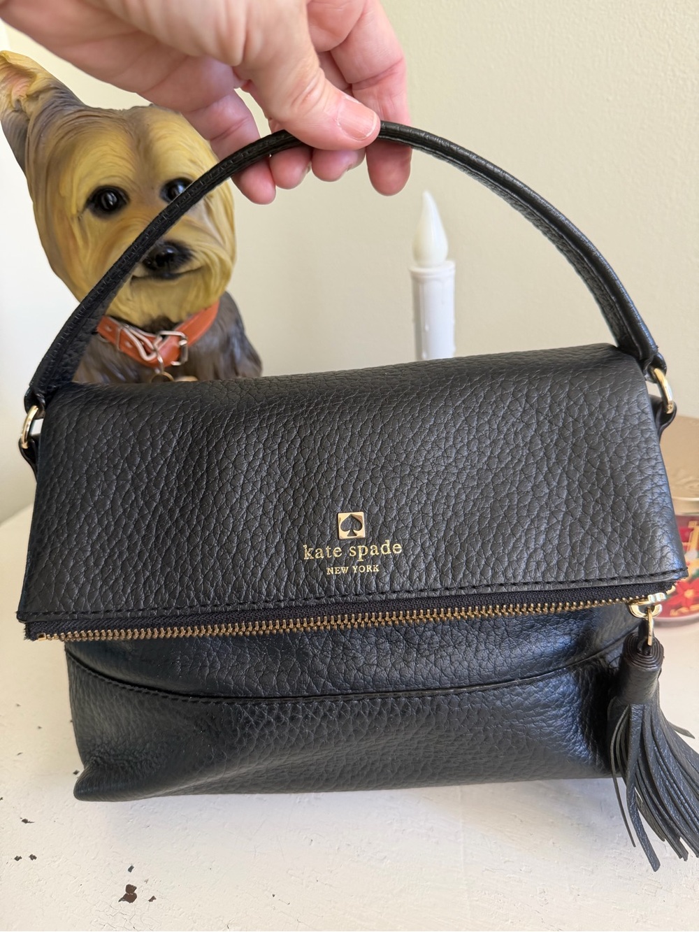 Kate Spade New York Black Pebbled Leather Foldover Satchel Handbag Tassel